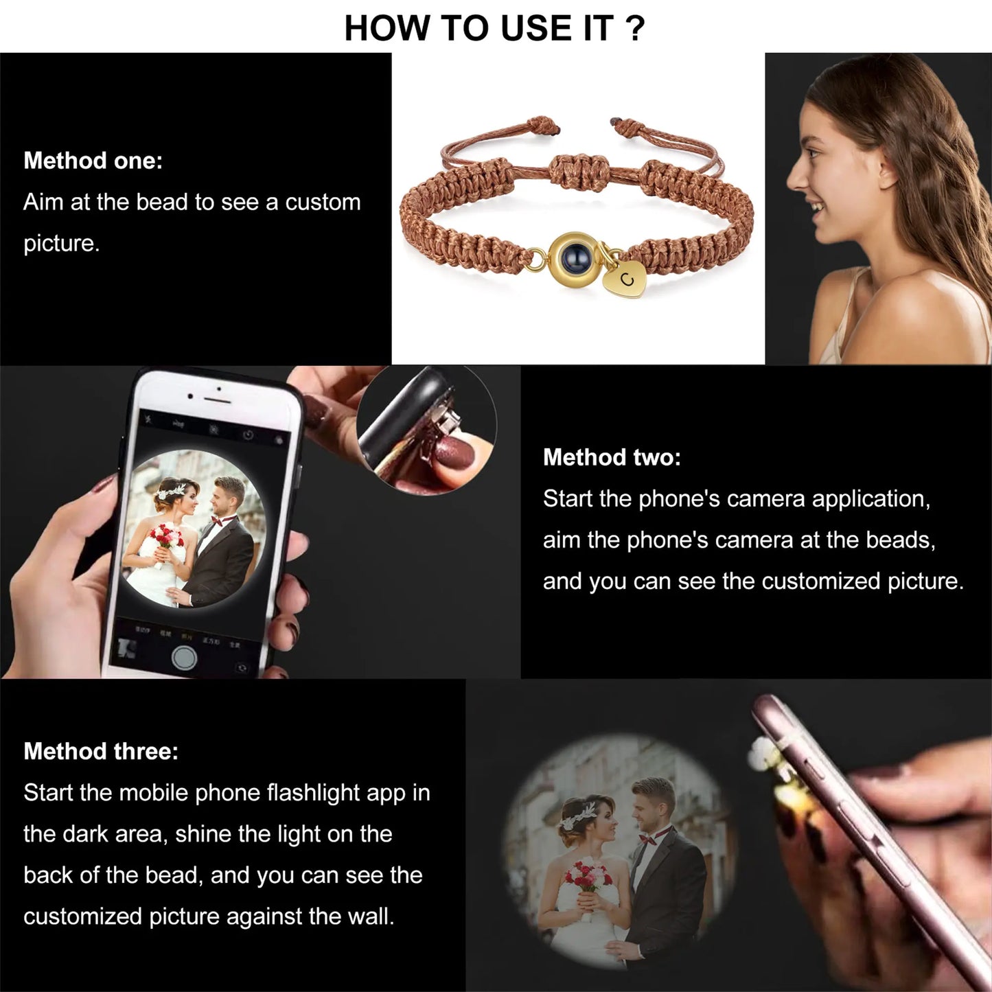 Personalized Photo Projection Bracelet with Custom Letter & Heart Pendant