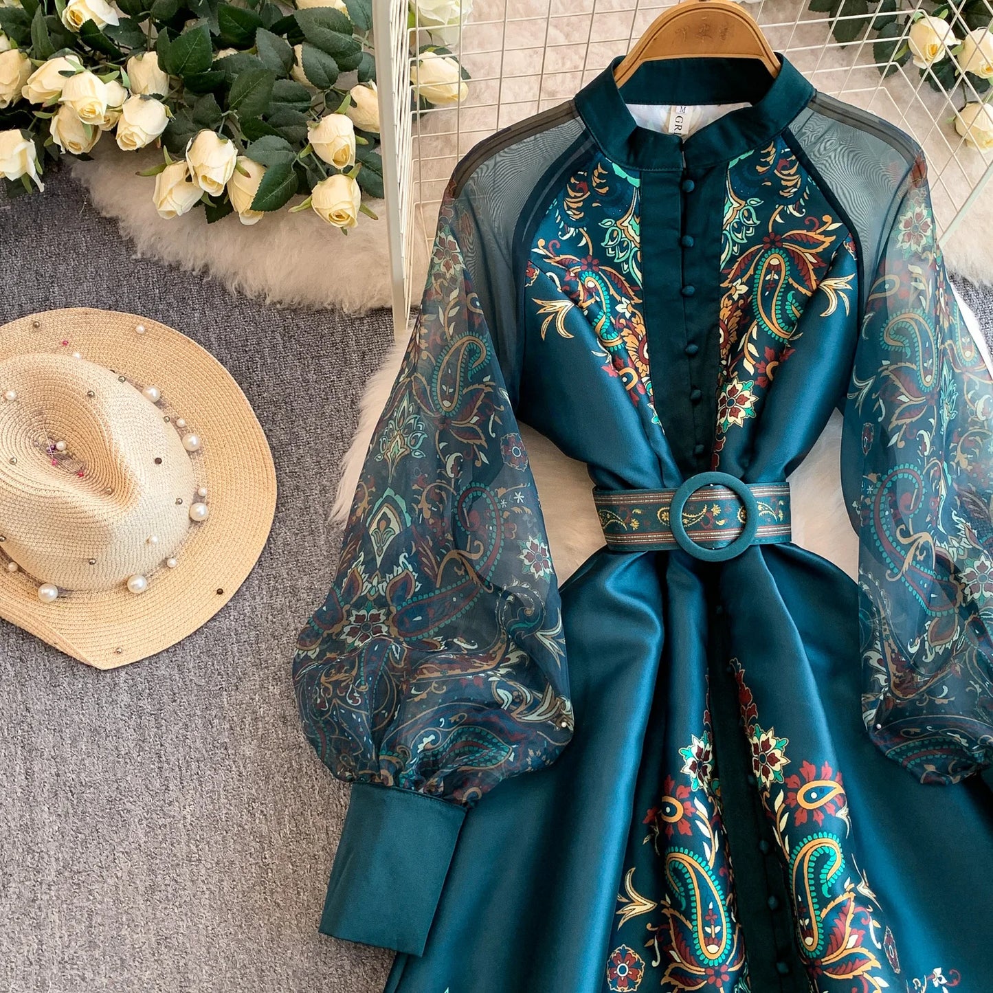 Elegant European Court Style Vintage Mesh Splice Print Lantern Sleeve Long Dress Women's Waist Cinching Slimming Maxi Gown