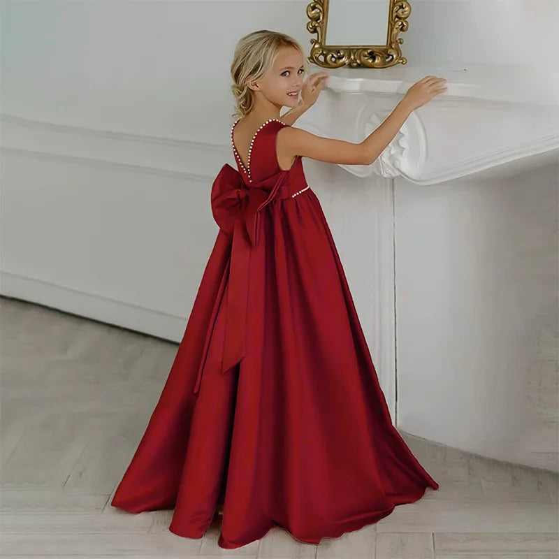 Girls Elegant Dress White Wedding Bridesmaid Prom Gown Big Bow Girls Party Dress Kids First Communion Formal Evening Vestidos