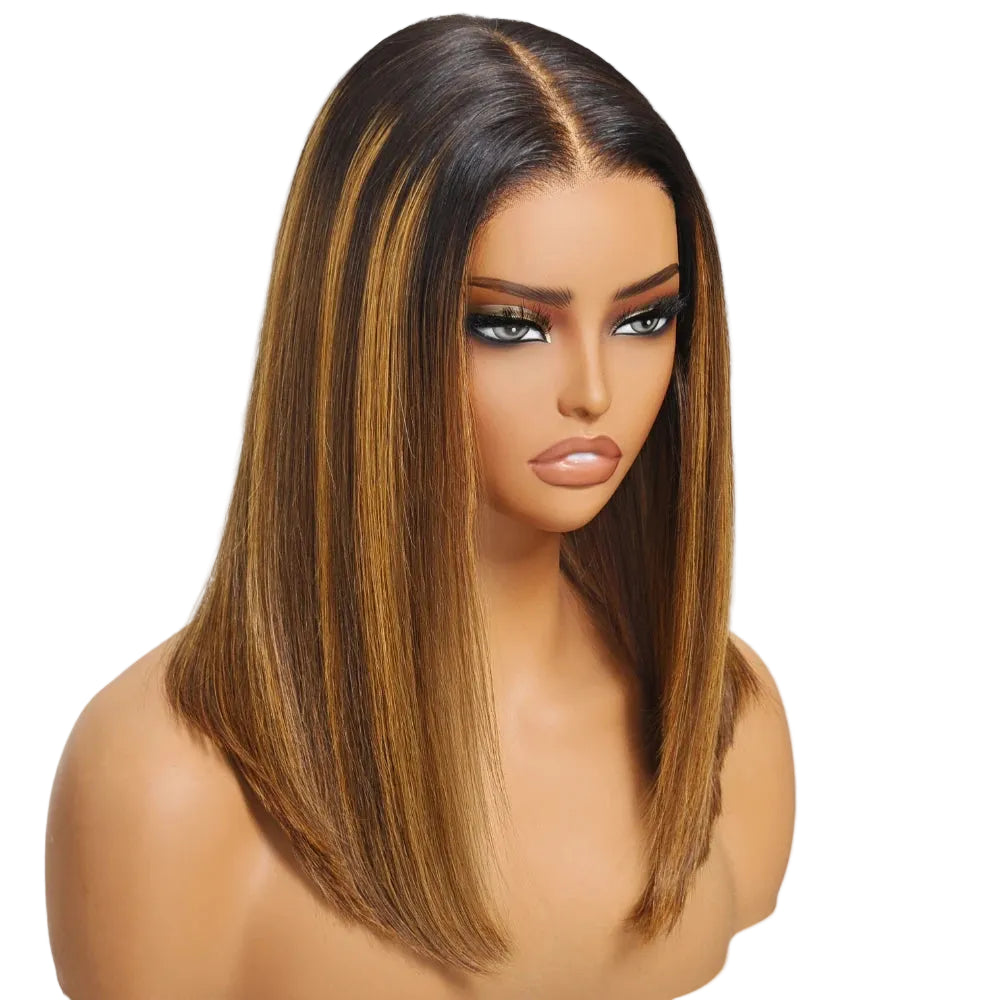 Brown With Blonde Piano Highlights Blunt Bob Wig With Dark Roots | No-Slip 7x5 Pre-Cut Glueless Human Hair