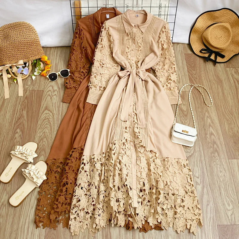 Women's Vintage Lace Bell Sleeve Dress — Waist-Cinching Belt A-Line Gown