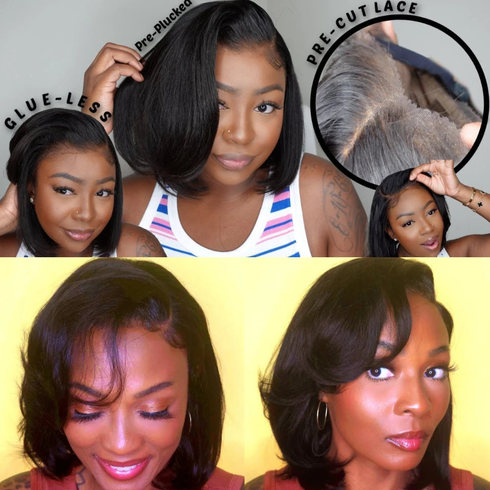 4x4 Lace Closure Bob Wig With Side Swept Bangs 100% Human Hair Glueless Wig Ready To Wear