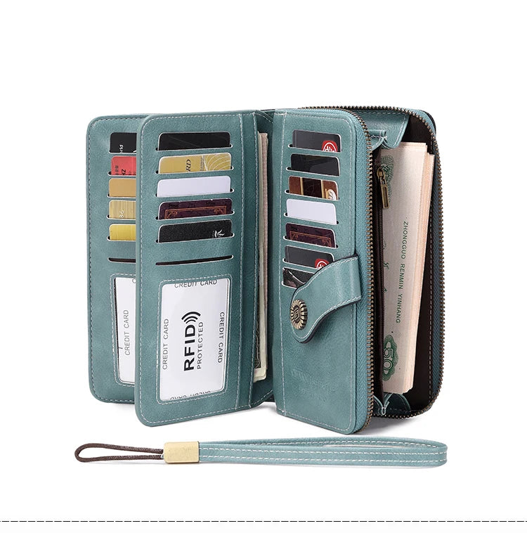RFID anti-theft brush Retro large capacity long wallet Multi-card women's wallet Multi-function zipper wallet with wrist strap