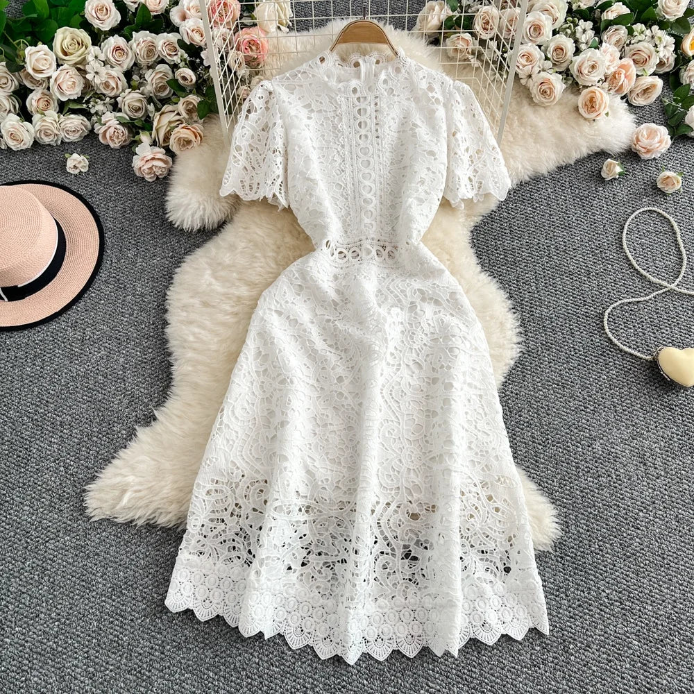 Women's French Style Hollow-Out Lace Dress — Waist-Cinched Short Sleeve A-Line