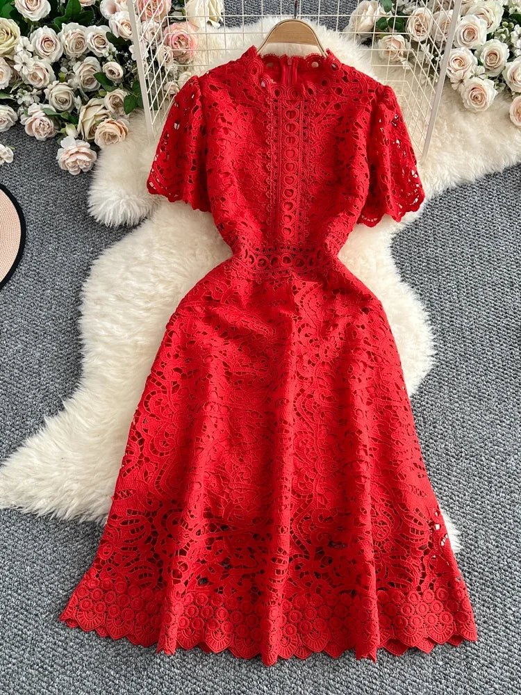 Women's French Style Hollow-Out Lace Dress — Waist-Cinched Short Sleeve A-Line