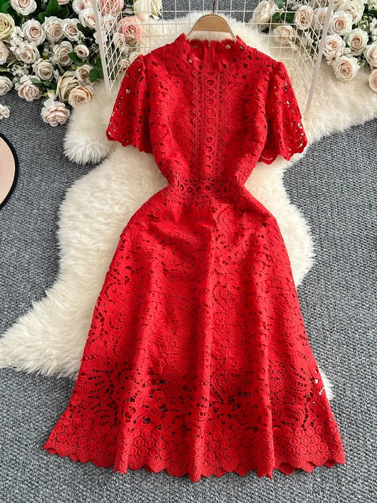 Women's French Style Hollow-Out Lace Dress — Waist-Cinched Short Sleeve A-Line