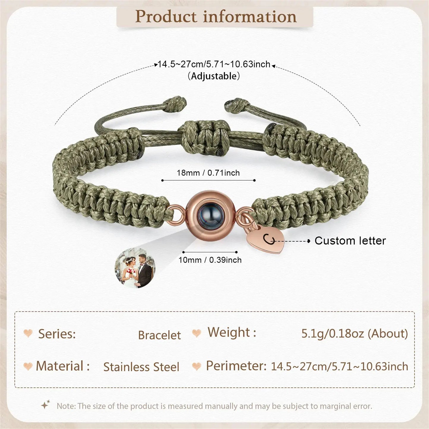 Personalized Photo Projection Bracelet with Custom Letter & Heart Pendant