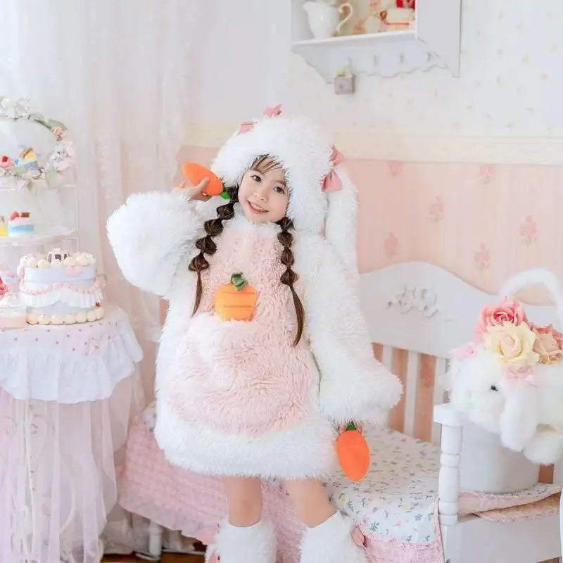Kawaii Children Plush Rabbit Cosplay Costume Set — Warm Winter Outfit for Girls