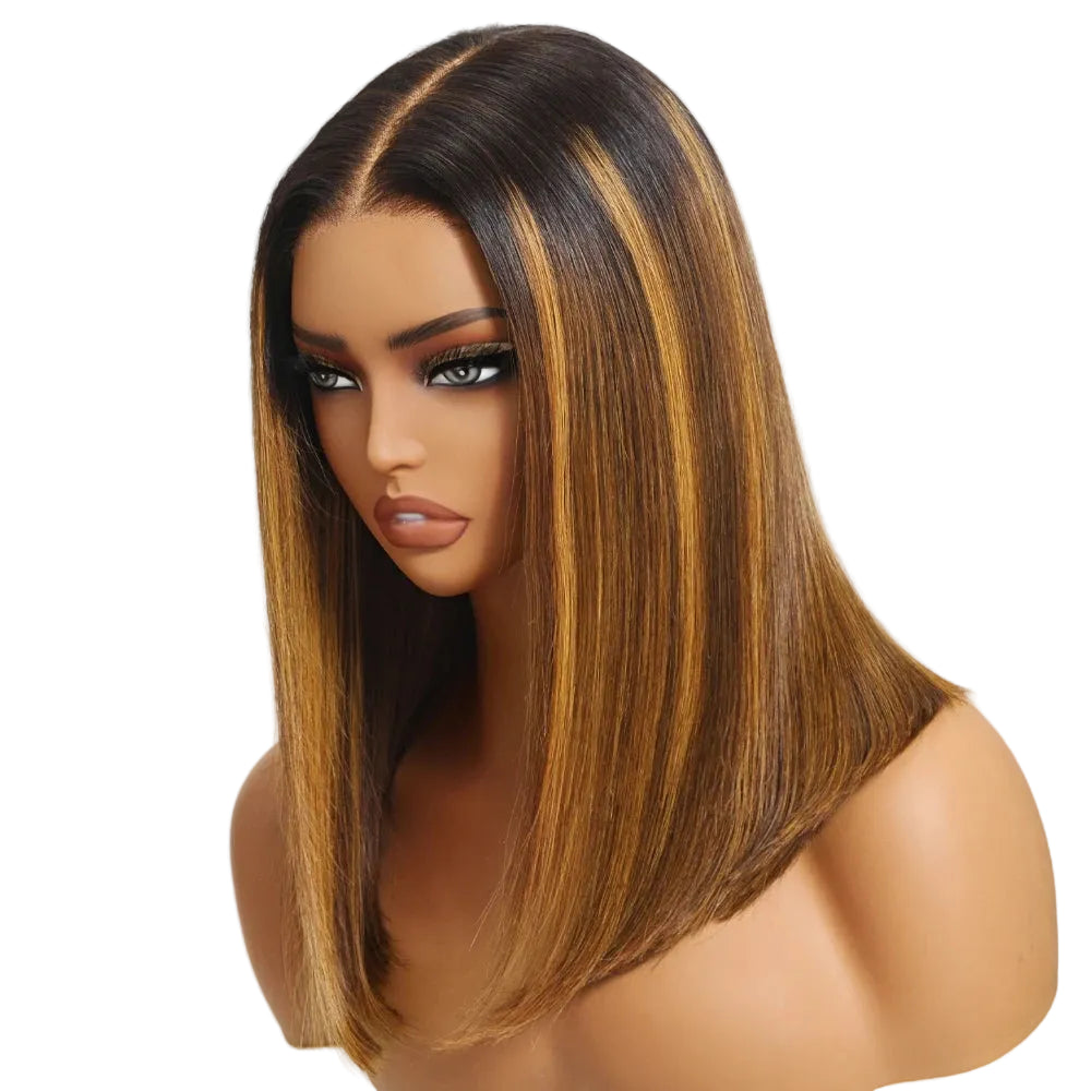 Brown With Blonde Piano Highlights Blunt Bob Wig With Dark Roots | No-Slip 7x5 Pre-Cut Glueless Human Hair