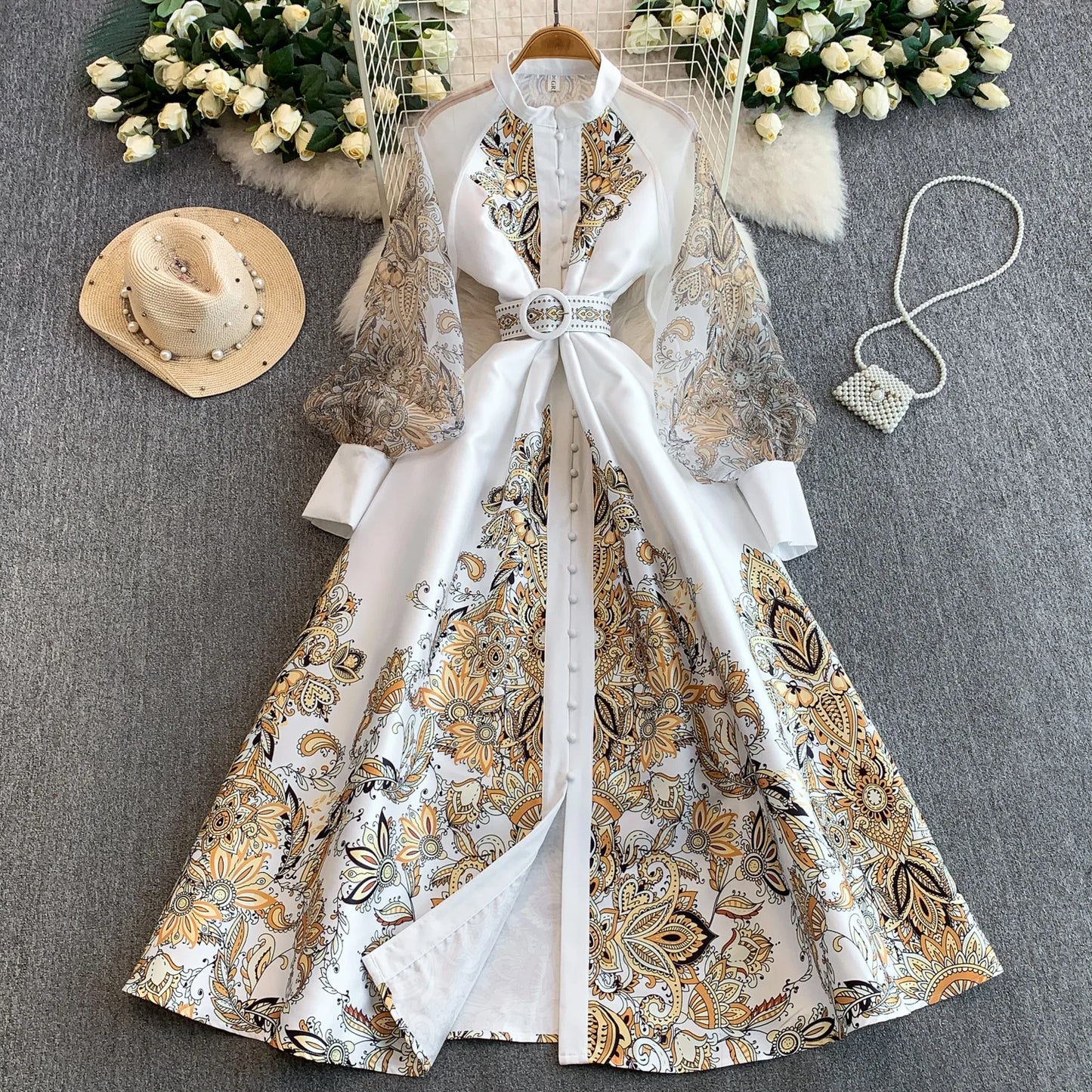 Elegant European Court Style Vintage Mesh Splice Print Lantern Sleeve Long Dress Women's Waist Cinching Slimming Maxi Gown