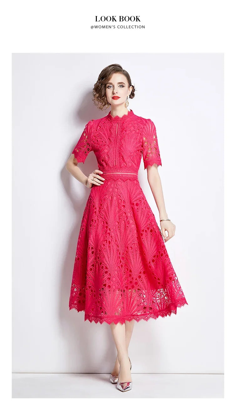 Women's Vintage High-End Lace Hollow-Out Long Dress — Slim Elegant Summer Gown