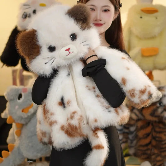 Thickened Winter Jacket For Girls Cute Cat Cartoon Faux Fur Coat Autumn Winter Hooded Outerwear Windproof Children Clothing