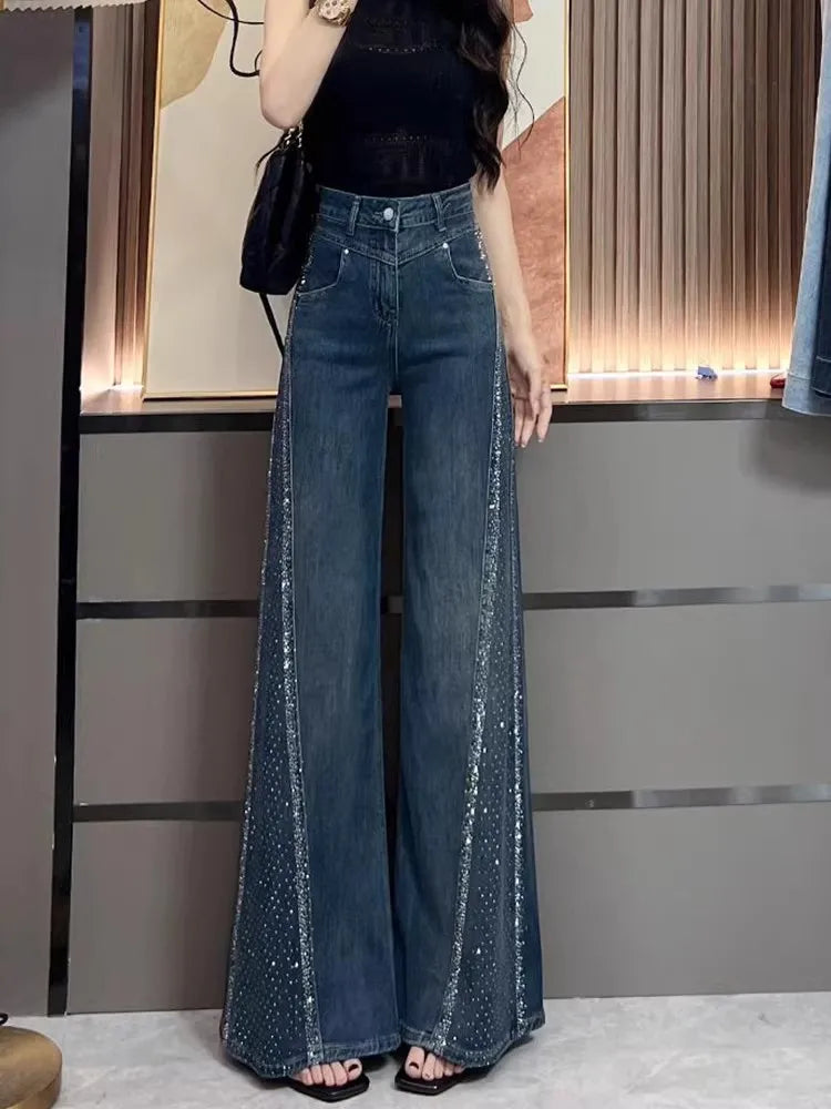 Women's High Waist Bell Bottom Jeans — Rhinestone Retro Denim
