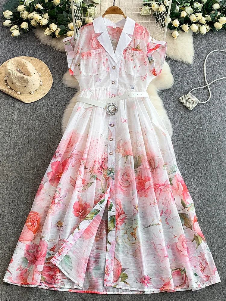 Women's French Countryside Chiffon Printed Dress — Raglan Sleeve A-Line