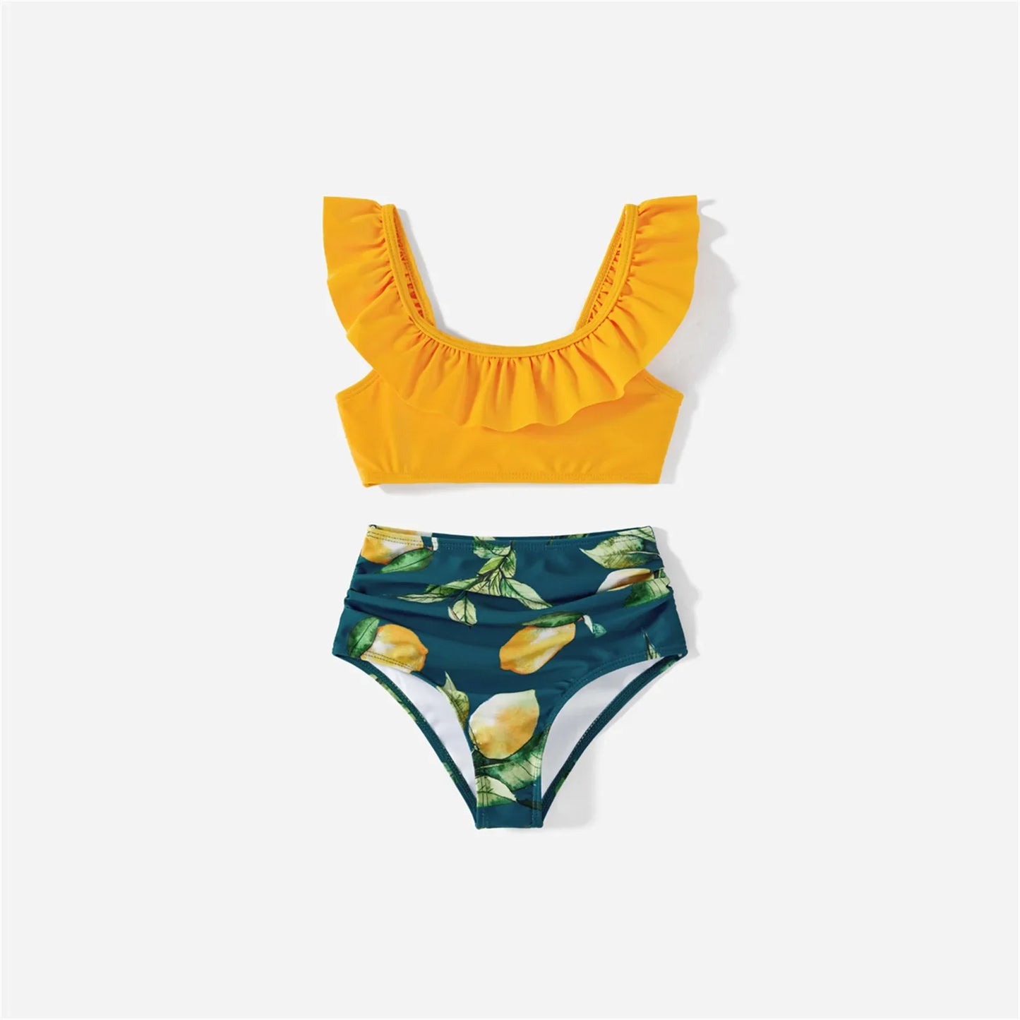 Family Matching Lemon Print Halter Swimsuit Set — Two-Piece & Swim Trunks