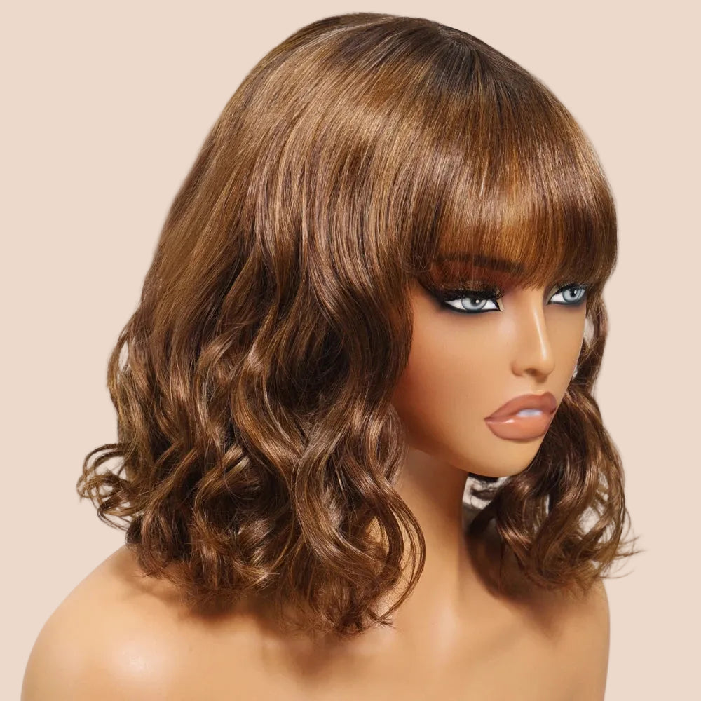 Brown Colored Loose Wave Wig With Bangs 4x2 Lace Short Bob Wig Human Hair Glueless Wig 150% Density