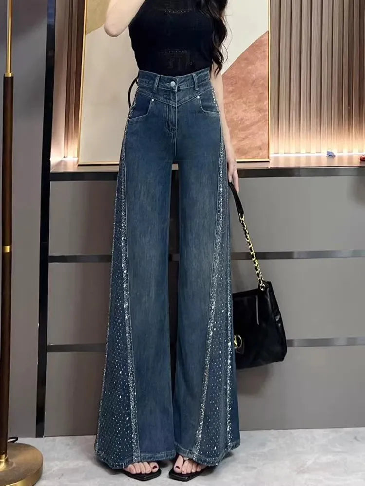 Women's High Waist Bell Bottom Jeans — Rhinestone Retro Denim