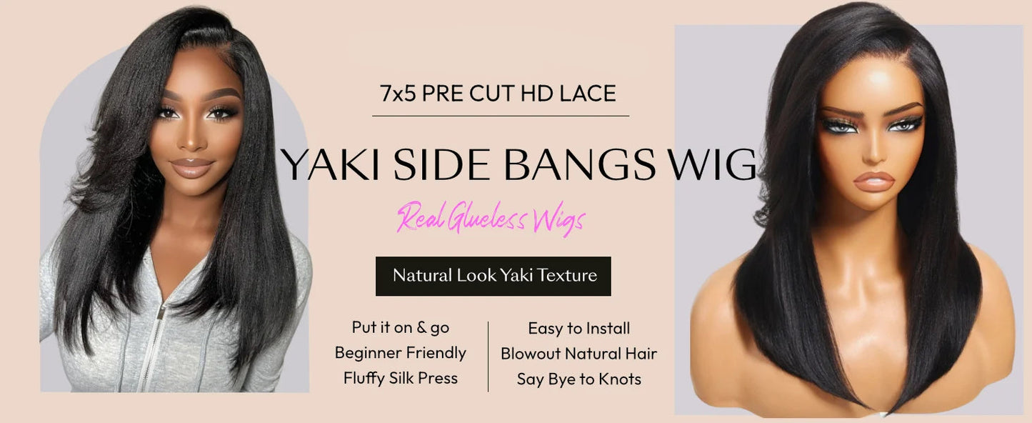 7x5 Lace Drawstring Cap Yaki Straight Wig With Side Bangs Pre Cut Pre Bleached Glueless Wig Human Hair 150% Density