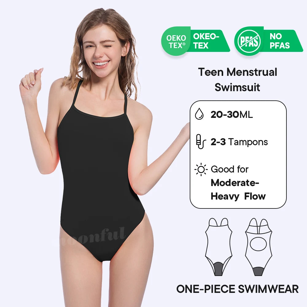 Teen Period One-Piece Swimsuit — Leak-Proof Menstrual Swimwear for Girls