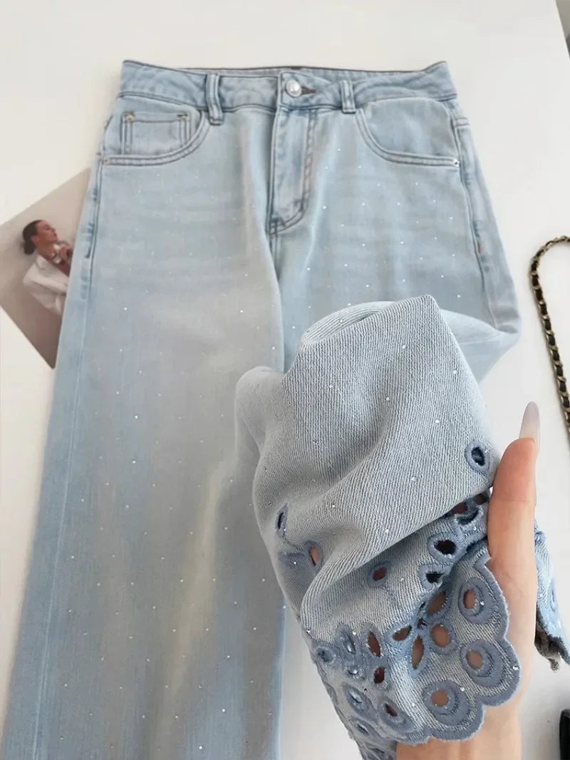 Women's High-Waist Rhinestone Embroidered Straight Jeans — Y2K Luxury Streetwear