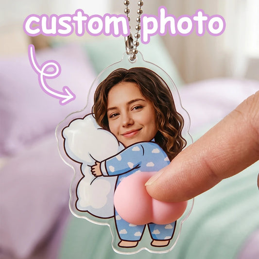 Custom Photo Hugging Pillow Keychain — Squishy Acrylic Charm | Funny Personalized Gift