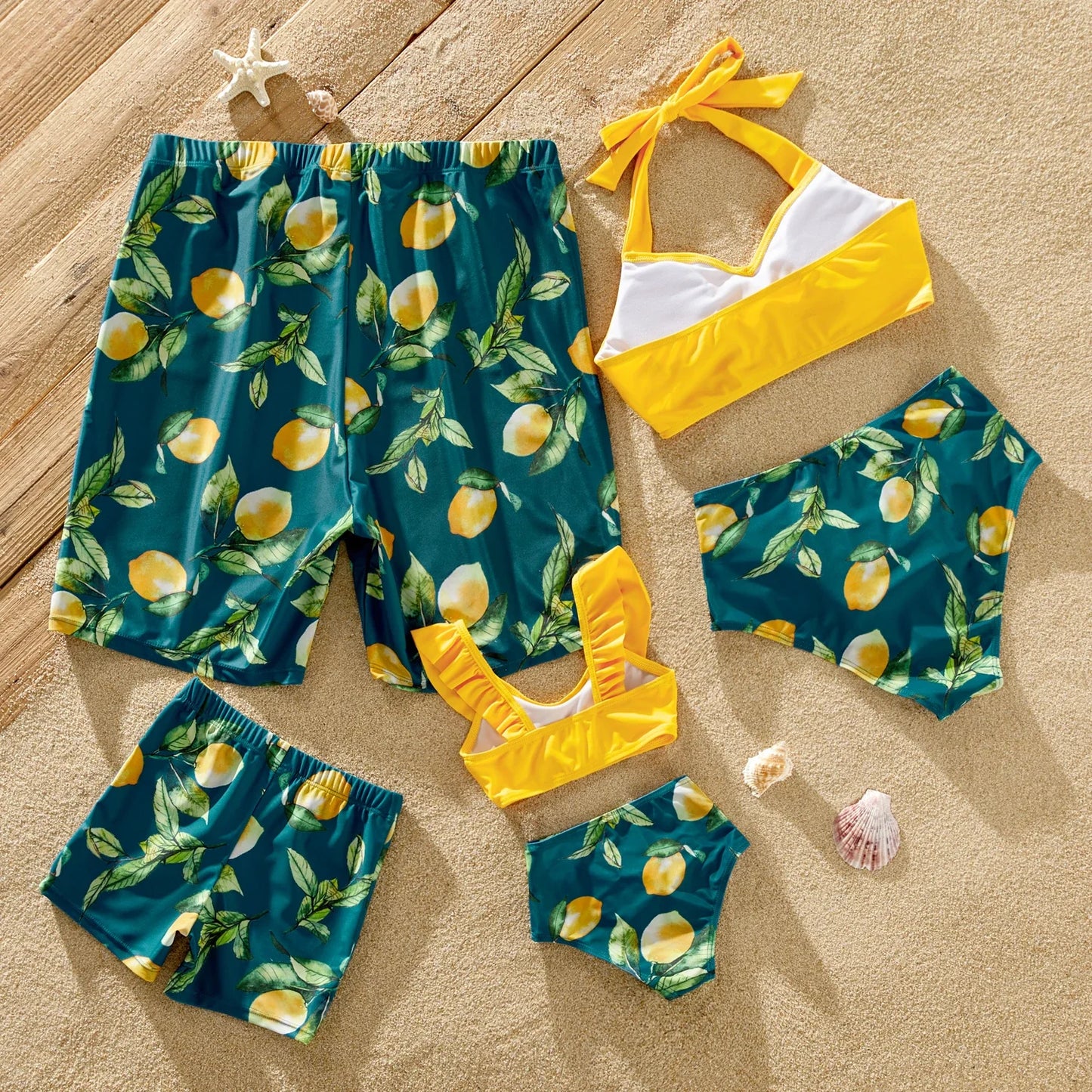 Family Matching Lemon Print Halter Swimsuit Set — Two-Piece & Swim Trunks