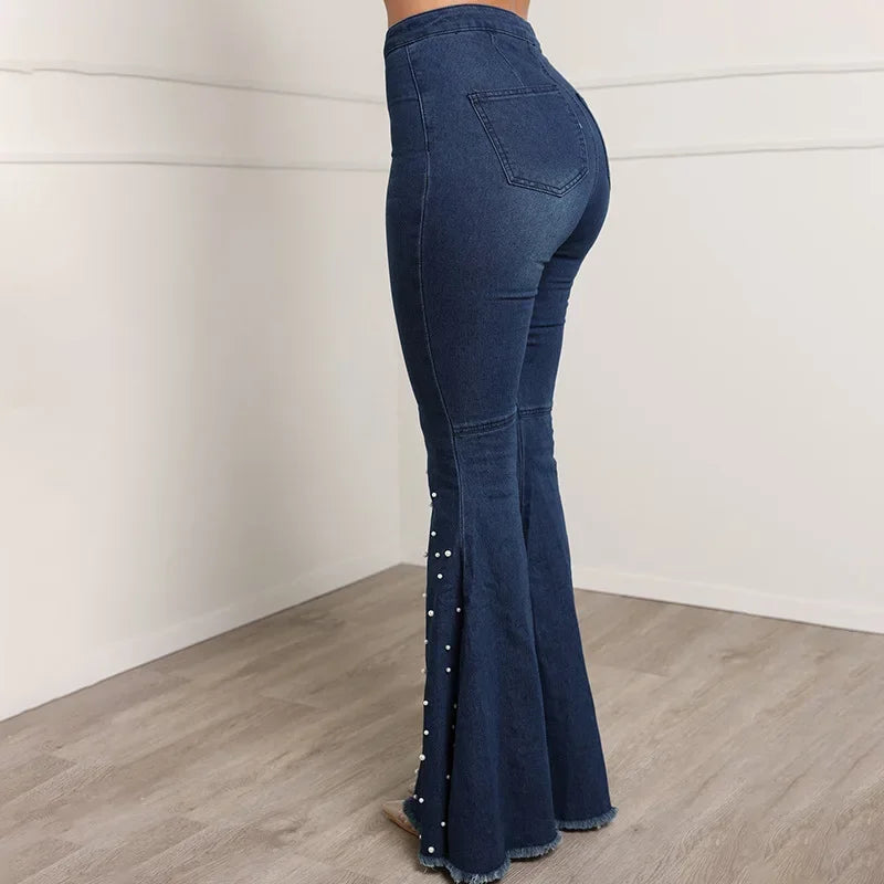 Women's High Waist Embroidered Flare Jeans — Slim Fit Distressed Denim