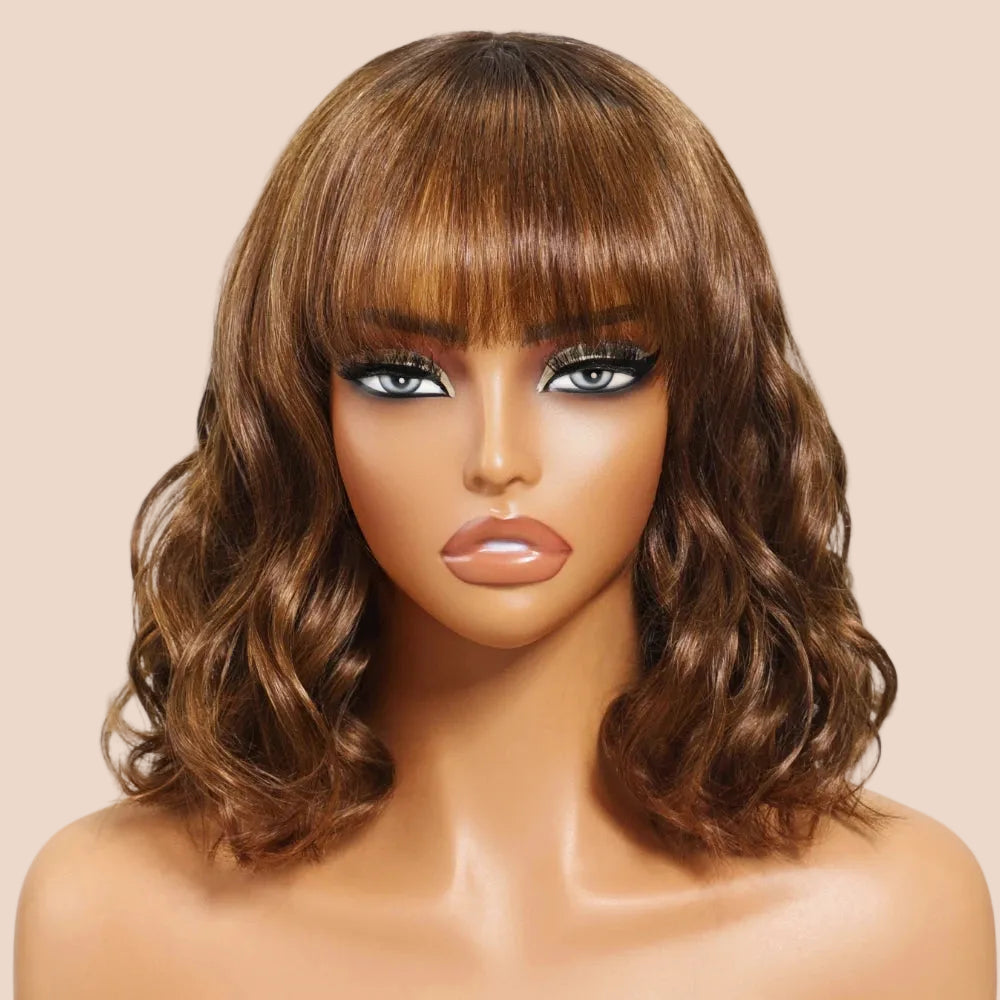 Brown Colored Loose Wave Wig With Bangs 4x2 Lace Short Bob Wig Human Hair Glueless Wig 150% Density
