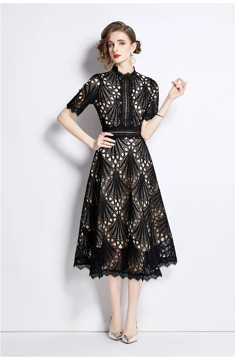 Women's Vintage High-End Lace Hollow-Out Long Dress — Slim Elegant Summer Gown