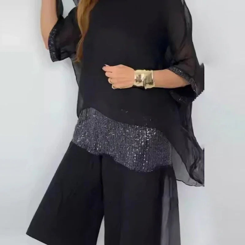 Women's Summer Chiffon Sequin Patchwork Casual Set — Batwing Sleeve Top & Wide Leg Pants