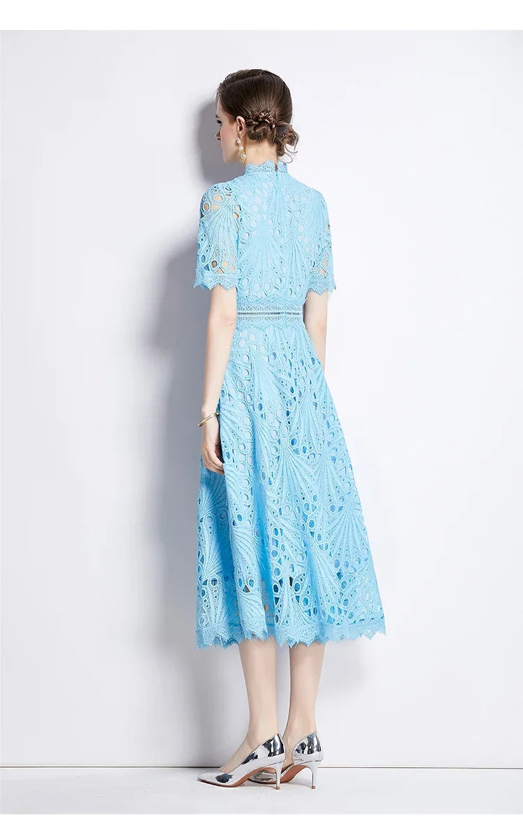 Women's Vintage High-End Lace Hollow-Out Long Dress — Slim Elegant Summer Gown