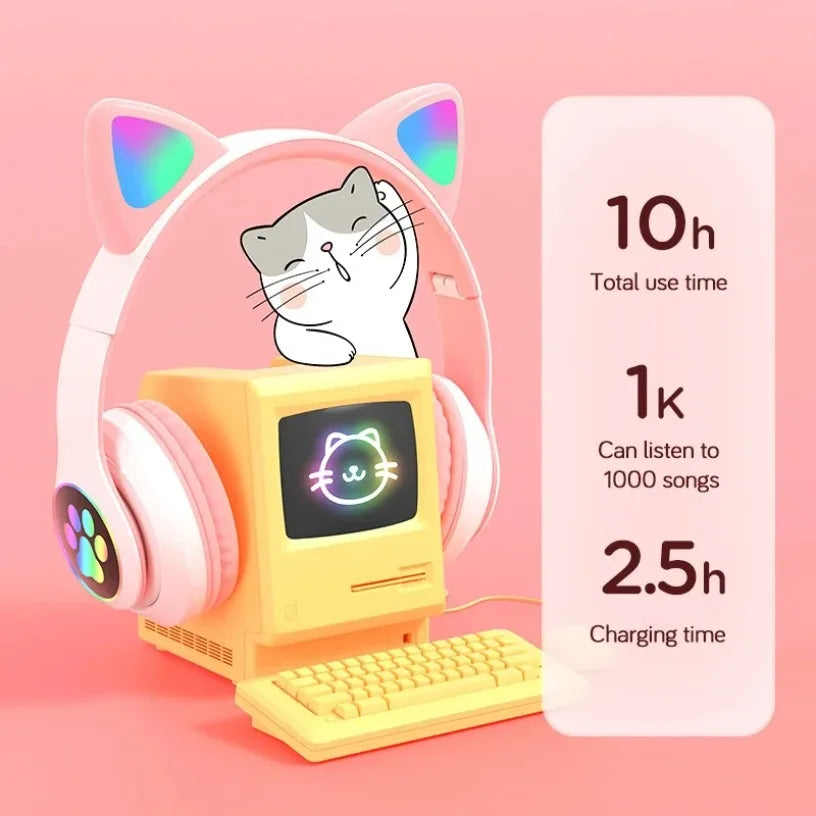 Cat Ears Bluetooth Headphones for Kids – Wireless LED Flash, Mic & TF Card Support