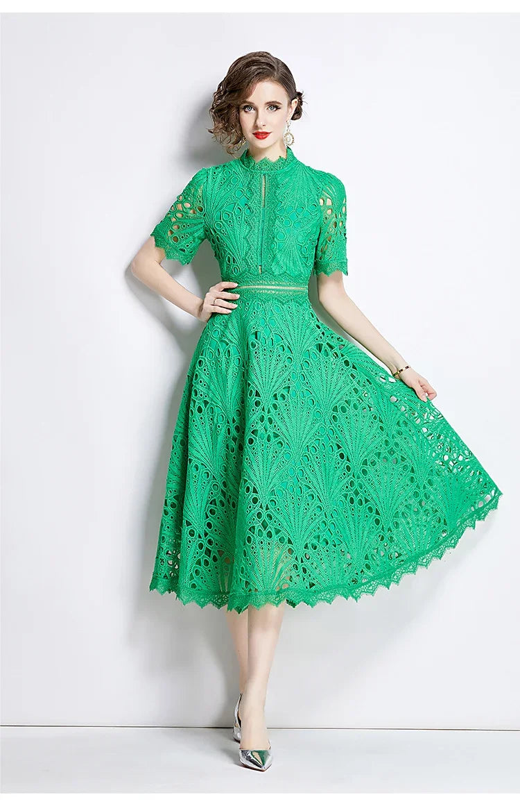 Women's Vintage High-End Lace Hollow-Out Long Dress — Slim Elegant Summer Gown