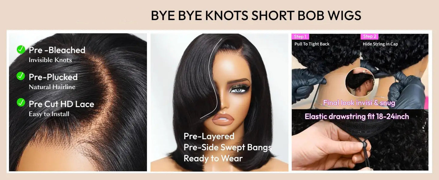 Our Bye-Bye Knots 7x5 Lace Side Part Layered Bob Wig With Side-Swept Bangs 150% Density Drawstring Glueless Human Hair Wigs