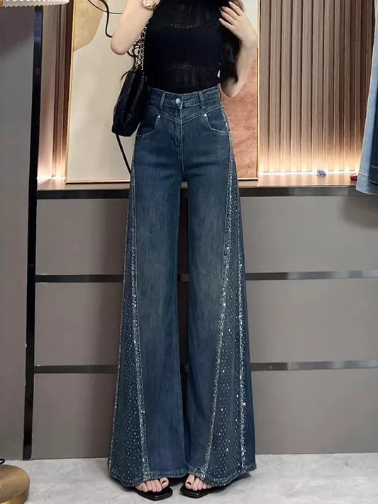 Women's High Waist Bell Bottom Jeans — Rhinestone Retro Denim