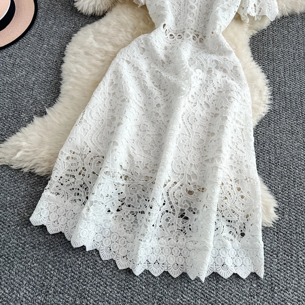 Women's French Style Hollow-Out Lace Dress — Waist-Cinched Short Sleeve A-Line
