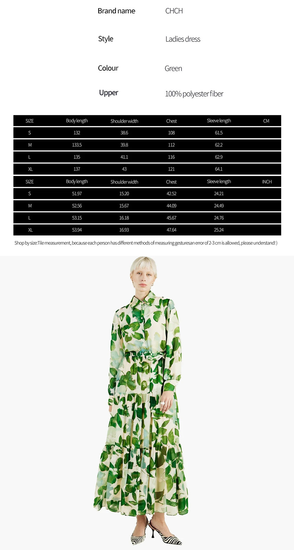 CHCH Women's Dress 2025 Spring New Long Sleeve Collar Green Flower Vacation