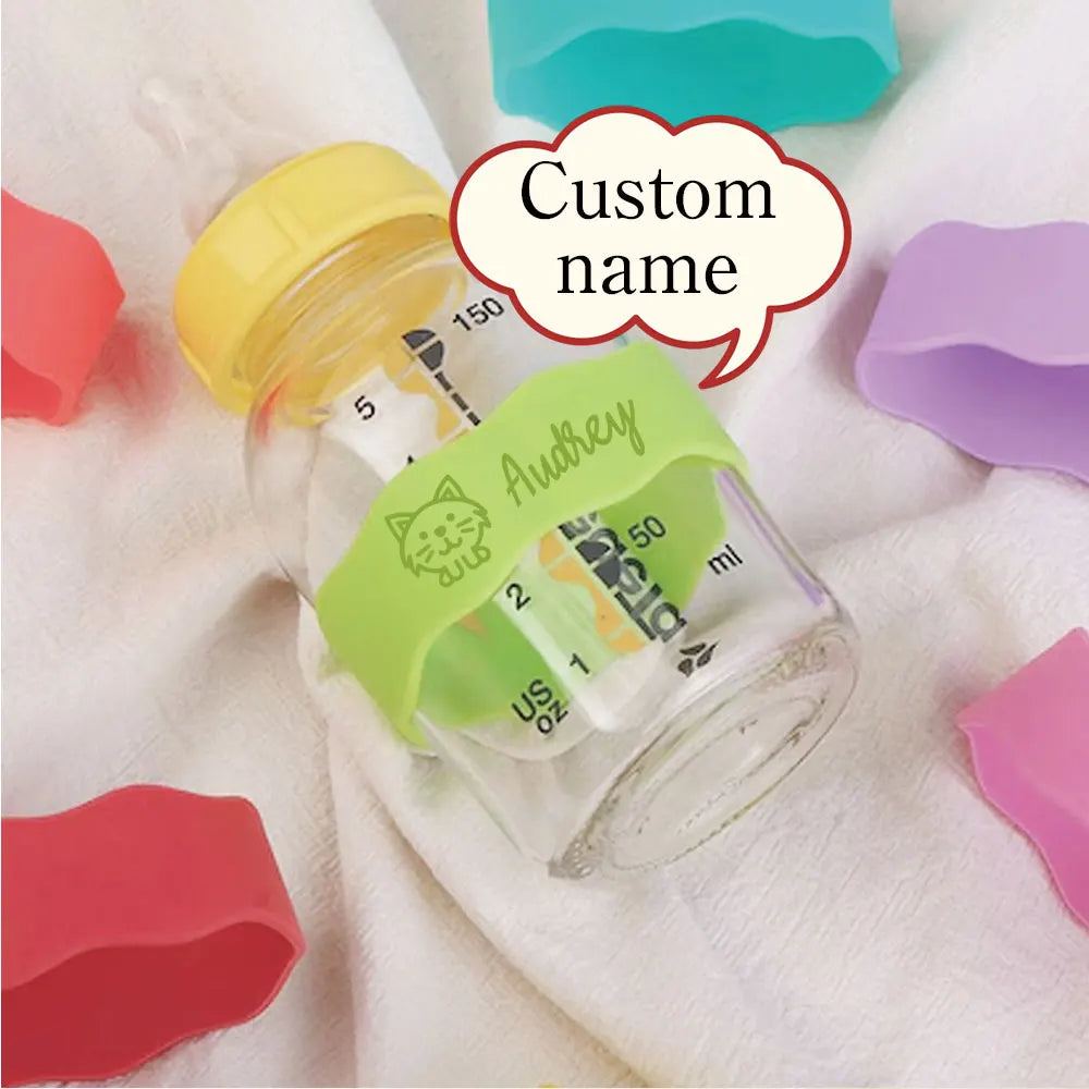 Custom Name Silicone Cup Sleeve with Cute Cat Design, Personalized Kids Water Bottle Band for School & Daycare