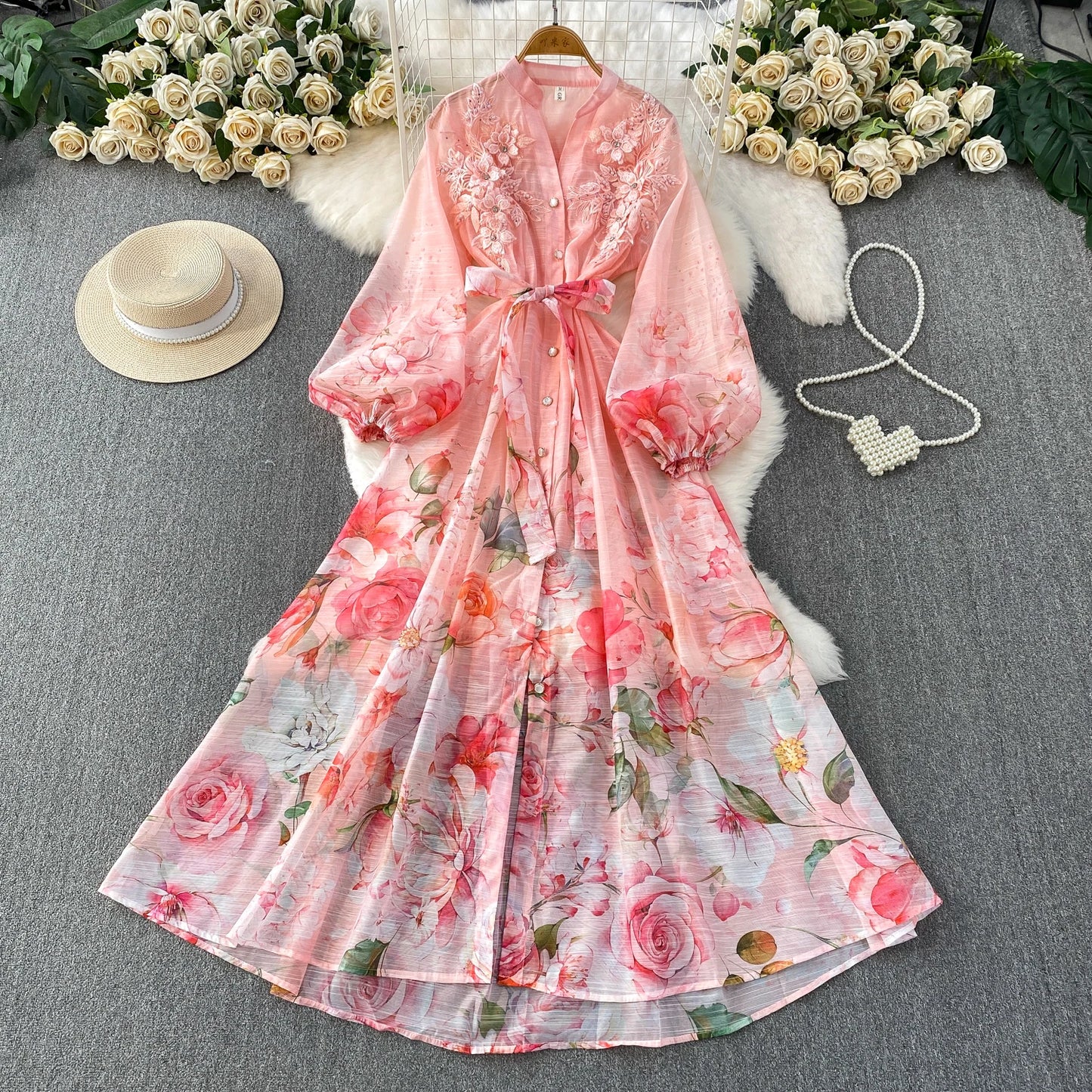 Elegant French Style round Neck Long Sleeve Dress Women's Spring Autumn Heavy Work Floral Embroidery A-Line Skirt Dress