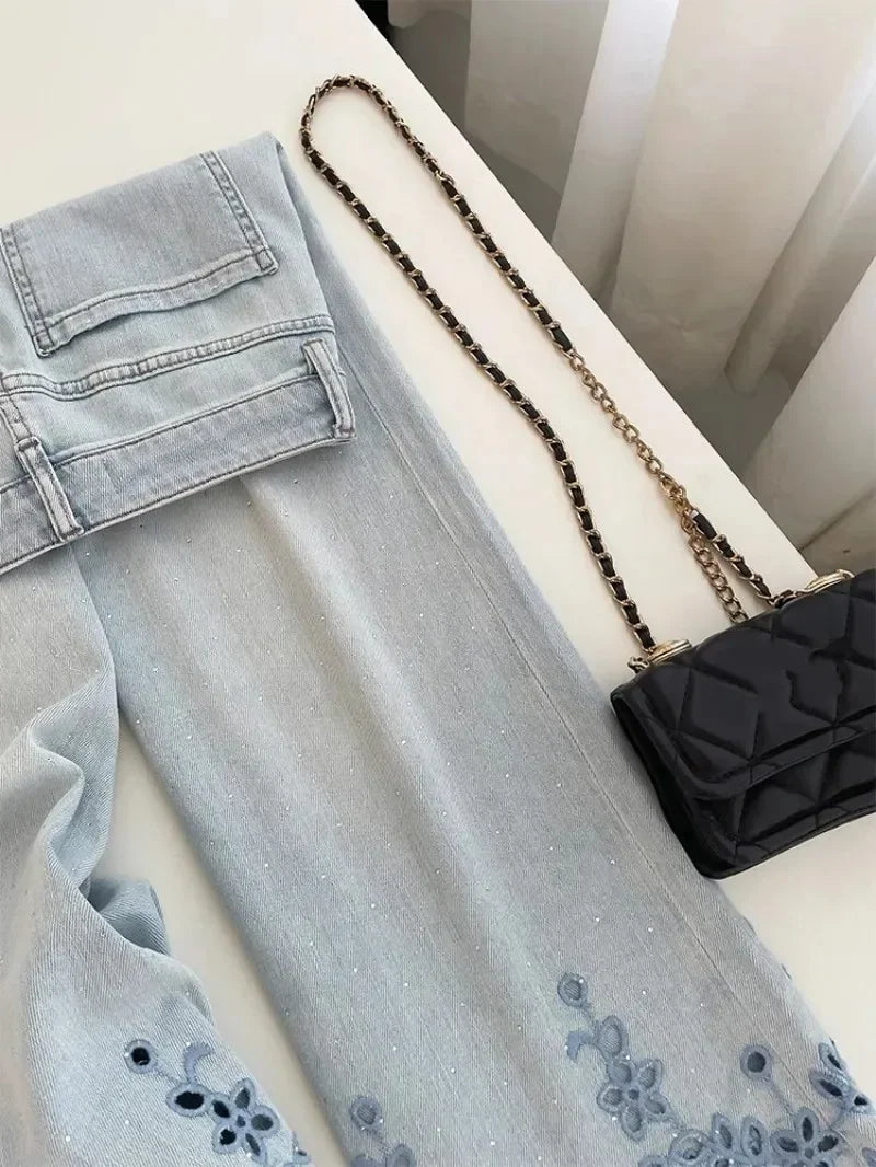Women's High-Waist Rhinestone Embroidered Straight Jeans — Y2K Luxury Streetwear