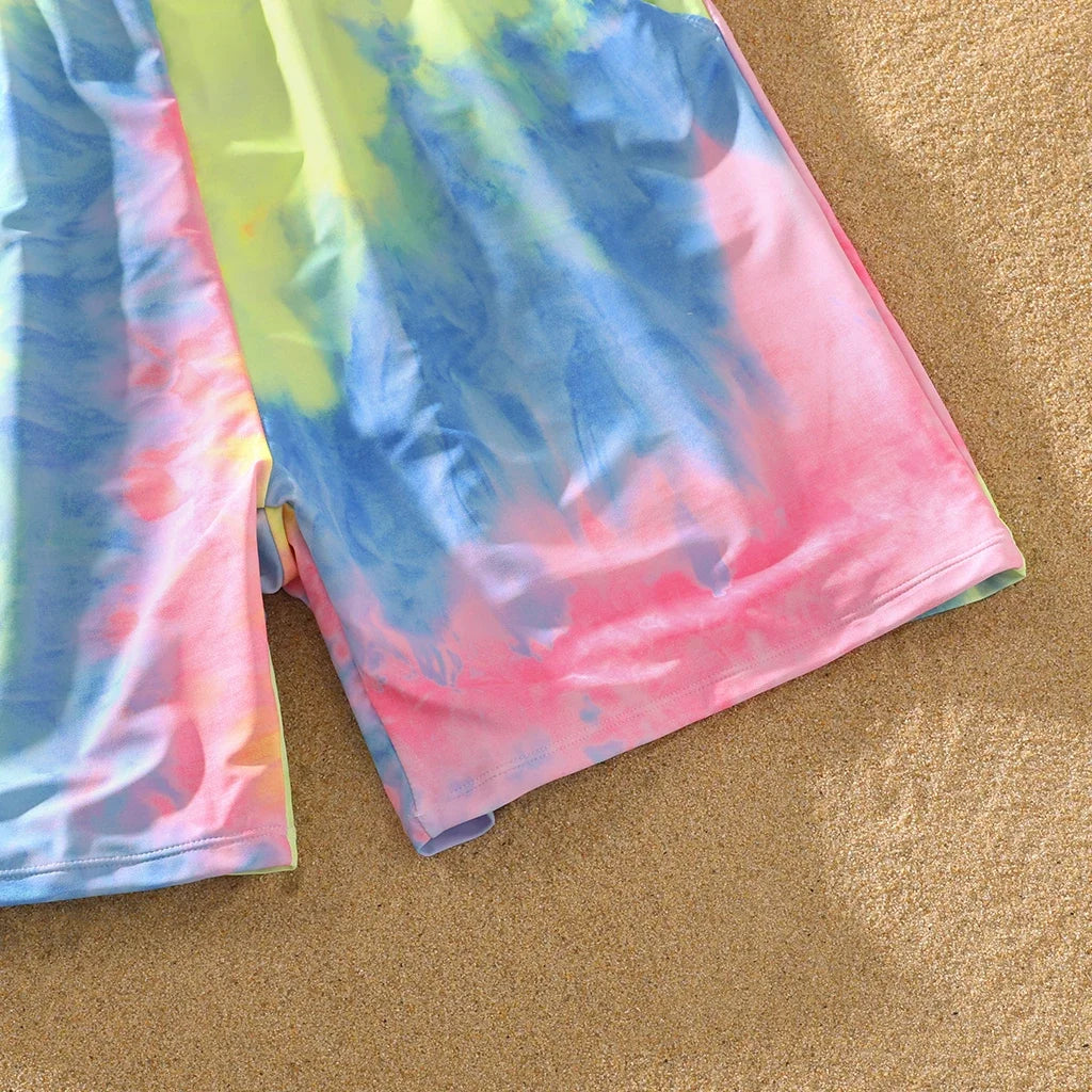 Family Matching Tie-Dye Swimsuit Set — V-Neck One-Piece & Swim Trunks