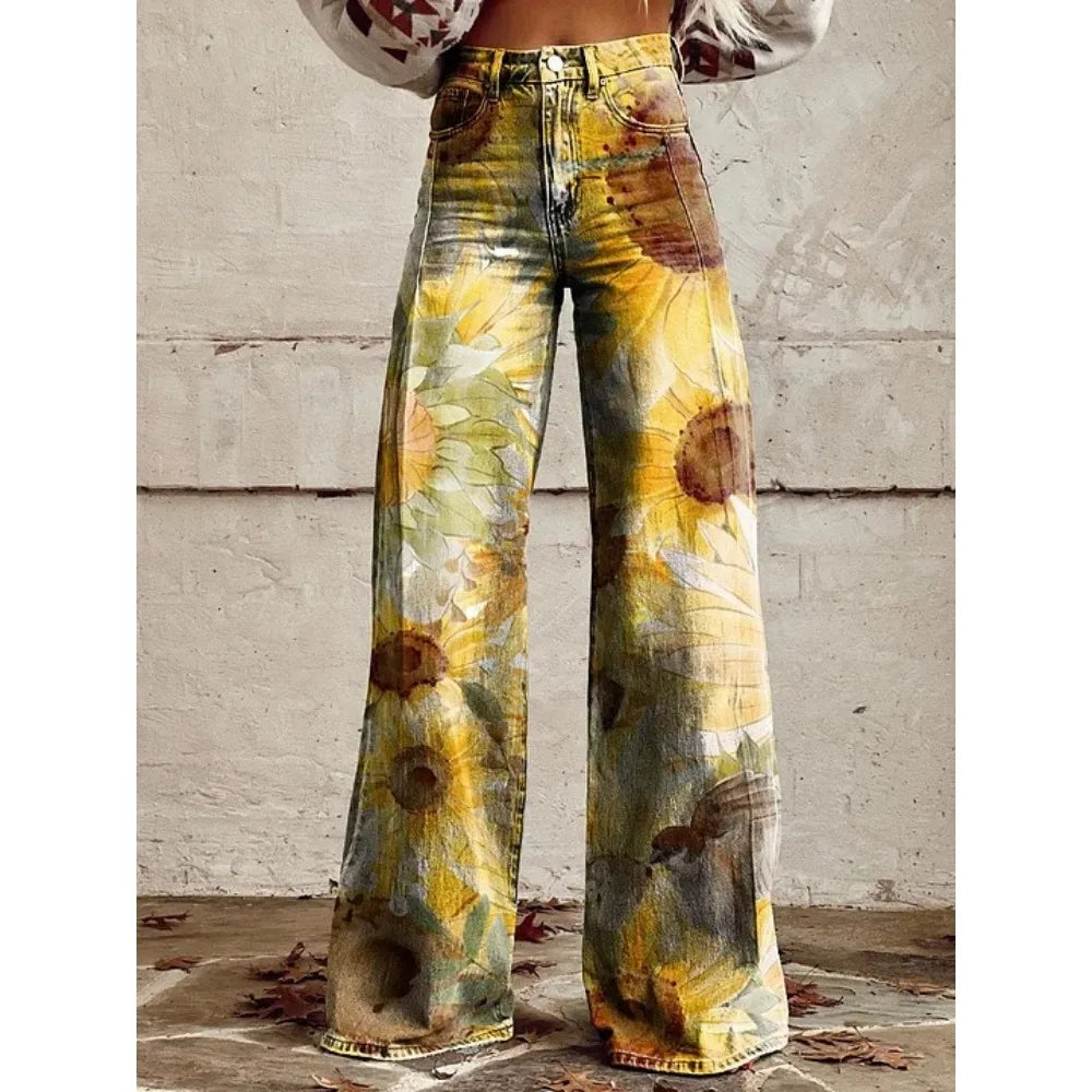 Women's Boho Floral High Waist Wide Leg Pants — Vintage Y2K Loose Trousers