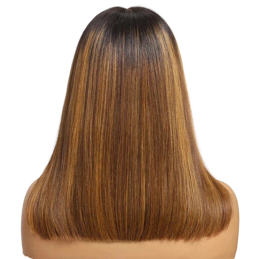 Brown With Blonde Piano Highlights Blunt Bob Wig With Dark Roots | No-Slip 7x5 Pre-Cut Glueless Human Hair