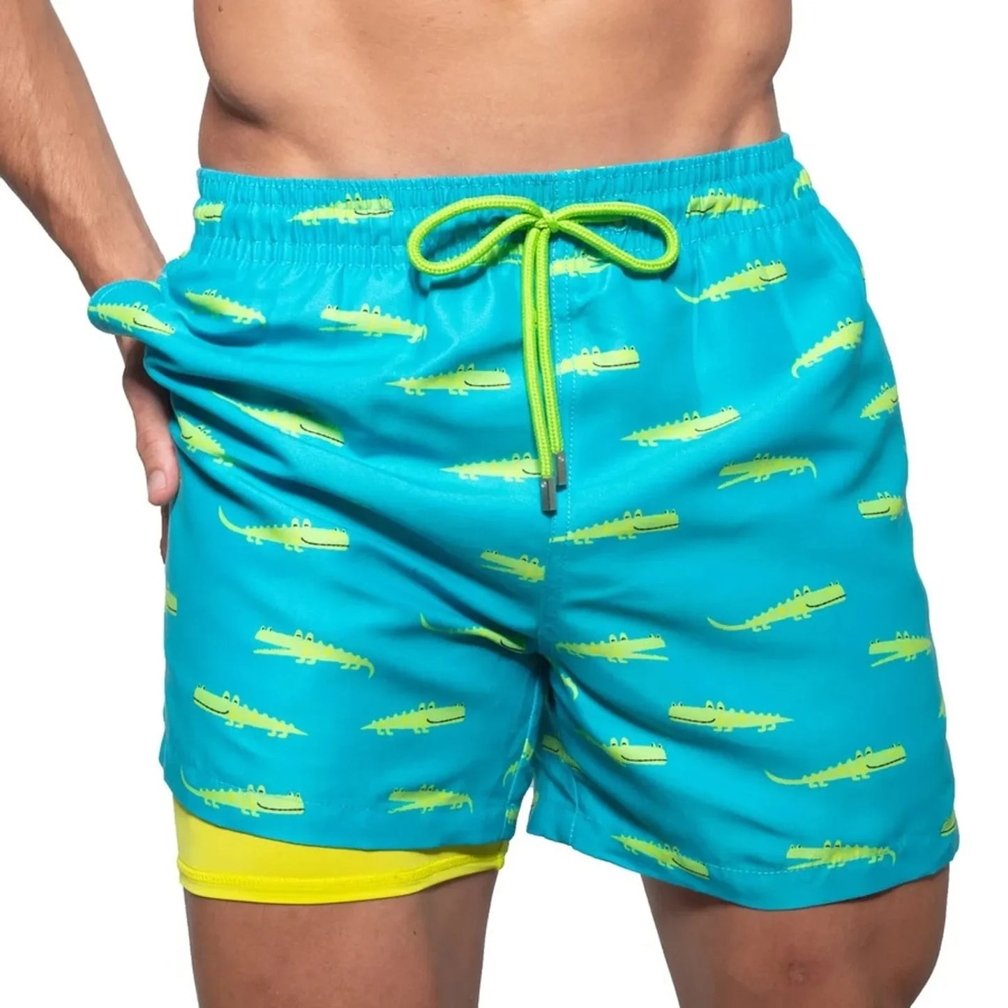 Men's Tropical Print Beach Shorts with Lining — Casual Summer Swim Trunks