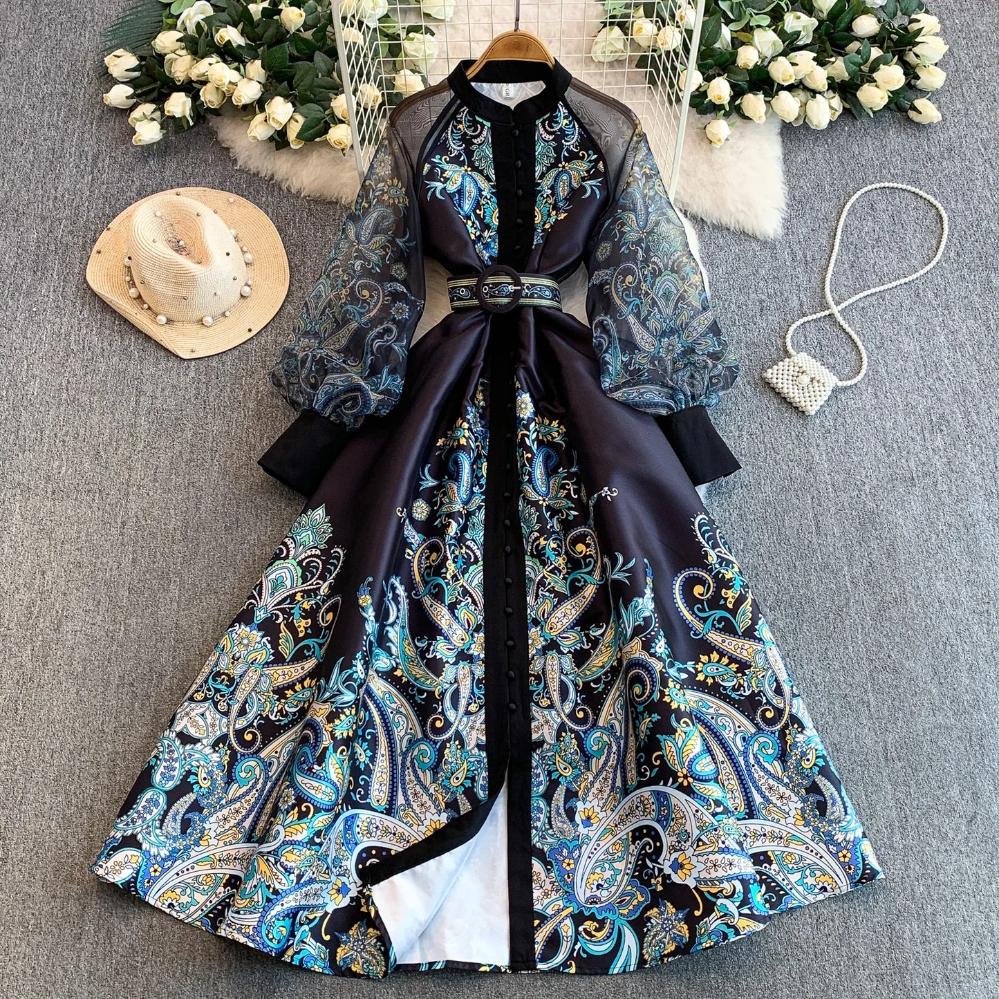 Elegant European Court Style Vintage Mesh Splice Print Lantern Sleeve Long Dress Women's Waist Cinching Slimming Maxi Gown