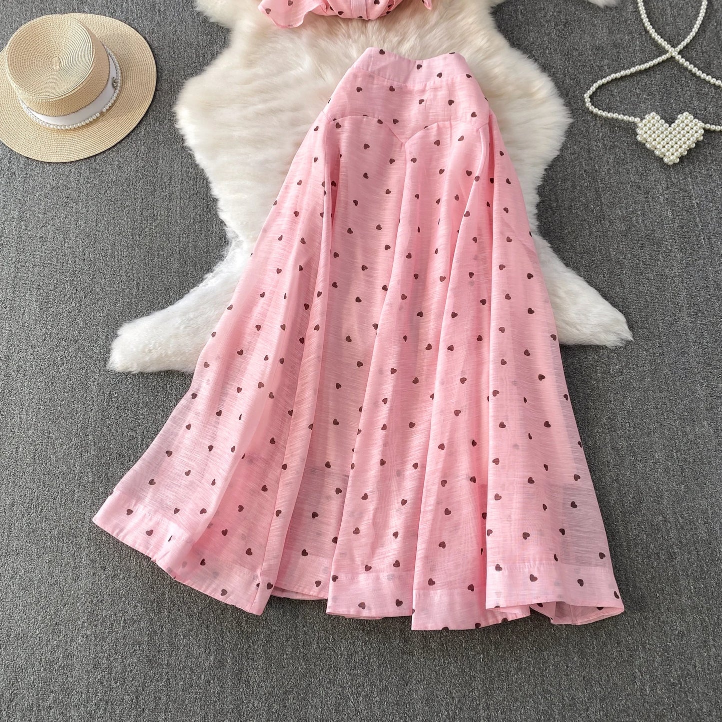 Women's French Style Sweet Chiffon Two-Piece Set — Heart Print Shirt & Flared Skirt