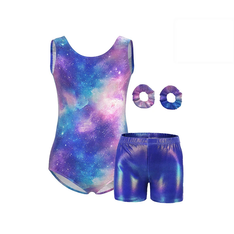 Girls Gymnastics Leotard Set – Shiny Colorful Sleeveless Tank with Shorts & Hairband