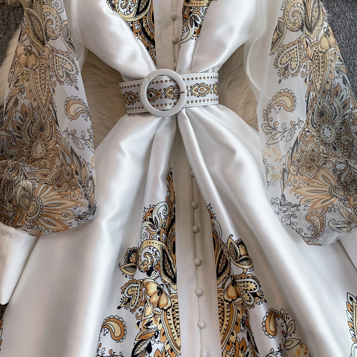 Elegant European Court Style Vintage Mesh Splice Print Lantern Sleeve Long Dress Women's Waist Cinching Slimming Maxi Gown