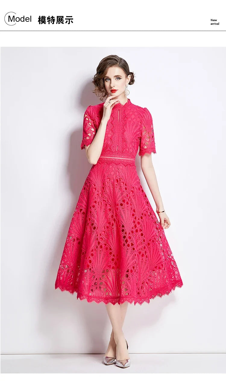 Women's Vintage High-End Lace Hollow-Out Long Dress — Slim Elegant Summer Gown
