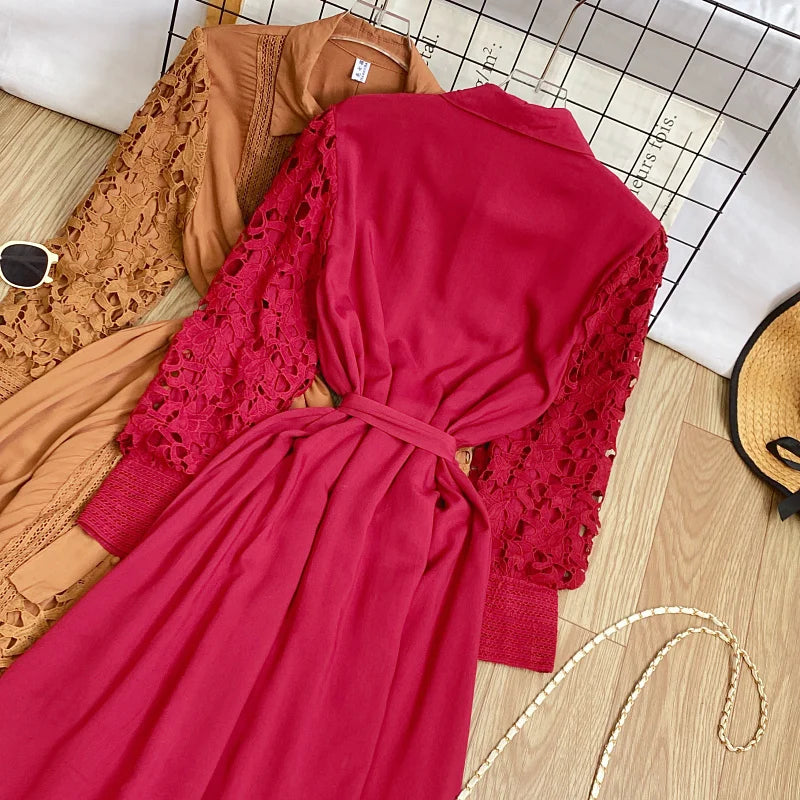 Women's Vintage Lace Bell Sleeve Dress — Waist-Cinching Belt A-Line Gown